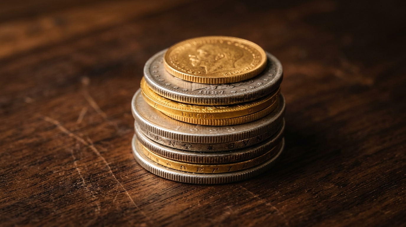 Coin collection banner showing old silver and gold coins