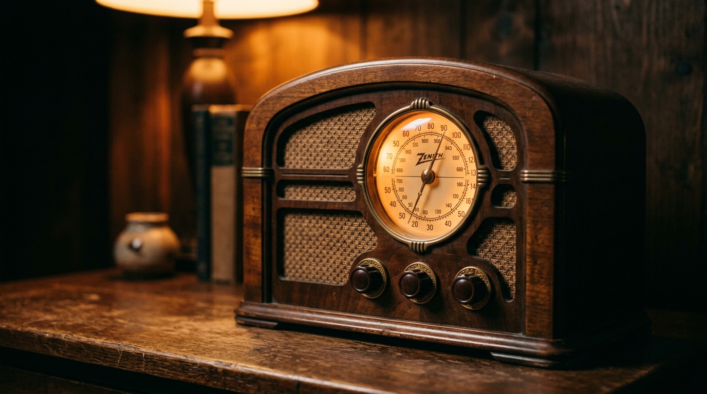 Vintage tabletop radio from 1940s with glowing dial